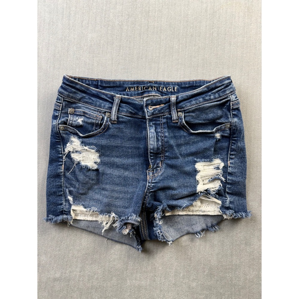 American Eagle High V-Rise Shortie Distressed Denim Shorts‎ Blue Women Size 6